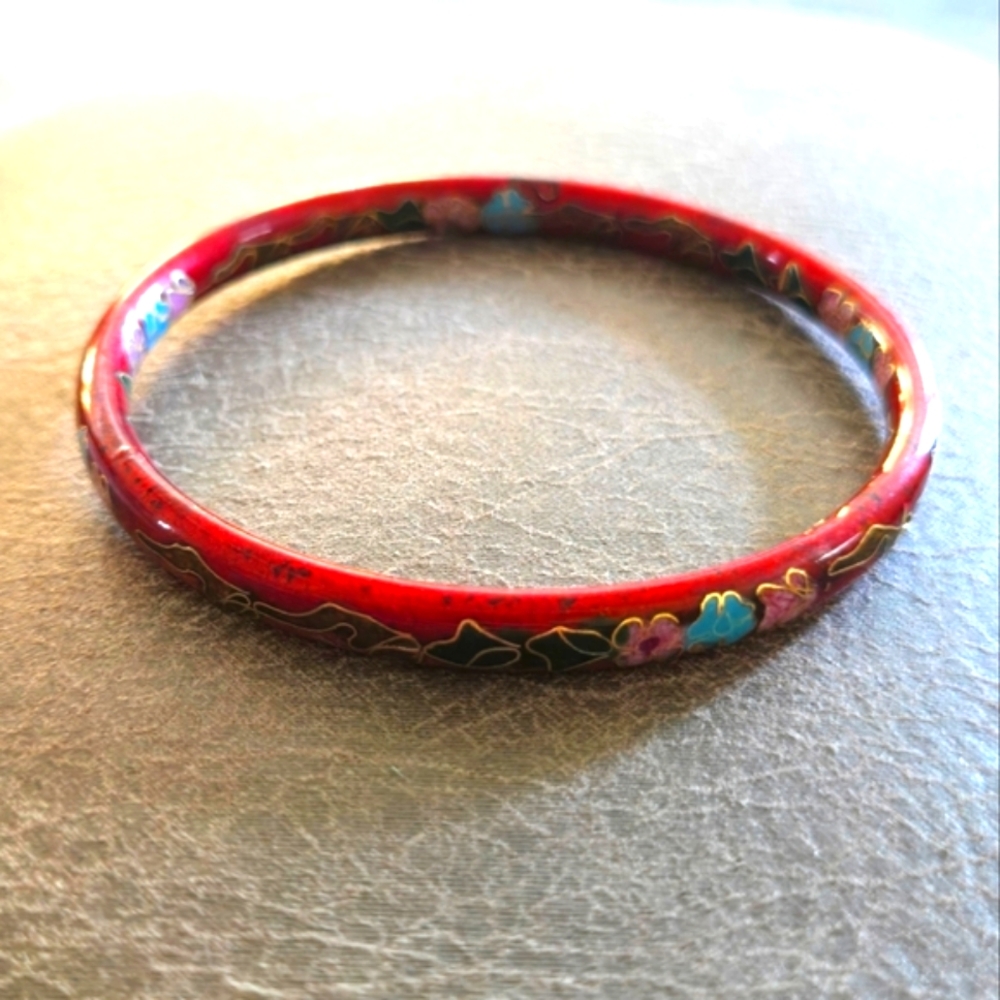 Vintage Red Floral Cloisonne Enamel Bangle